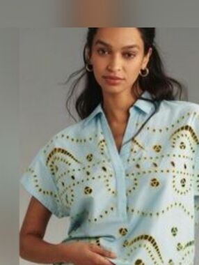 Maeve Anthropologie Blue Eyelet Embroidered Scalloped Hem V-Neck Boho Top 1X